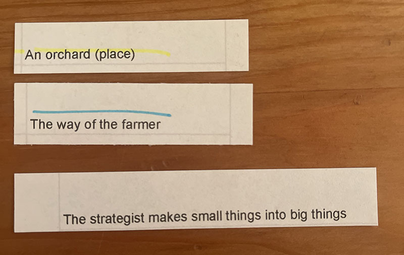 An orchard; The way of the farmer; The strategist makes small things into big things