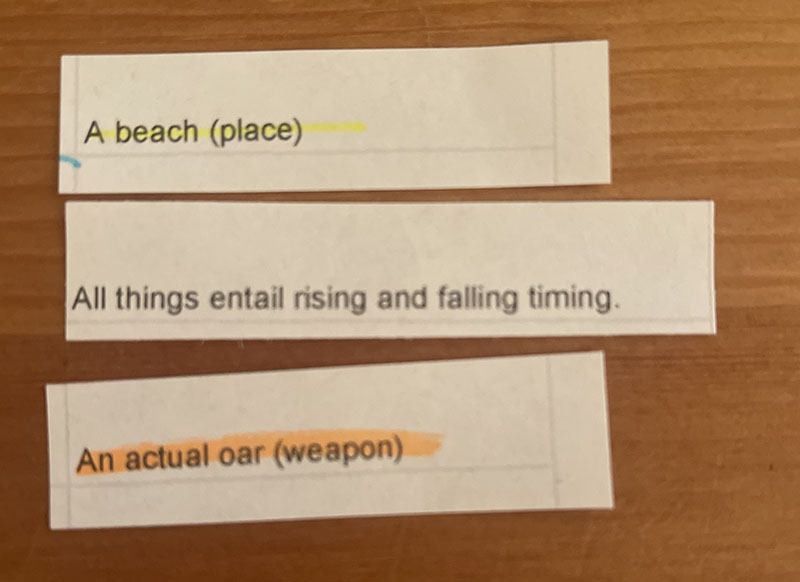 A beach; All things entail rising and falling timing; An actual oar