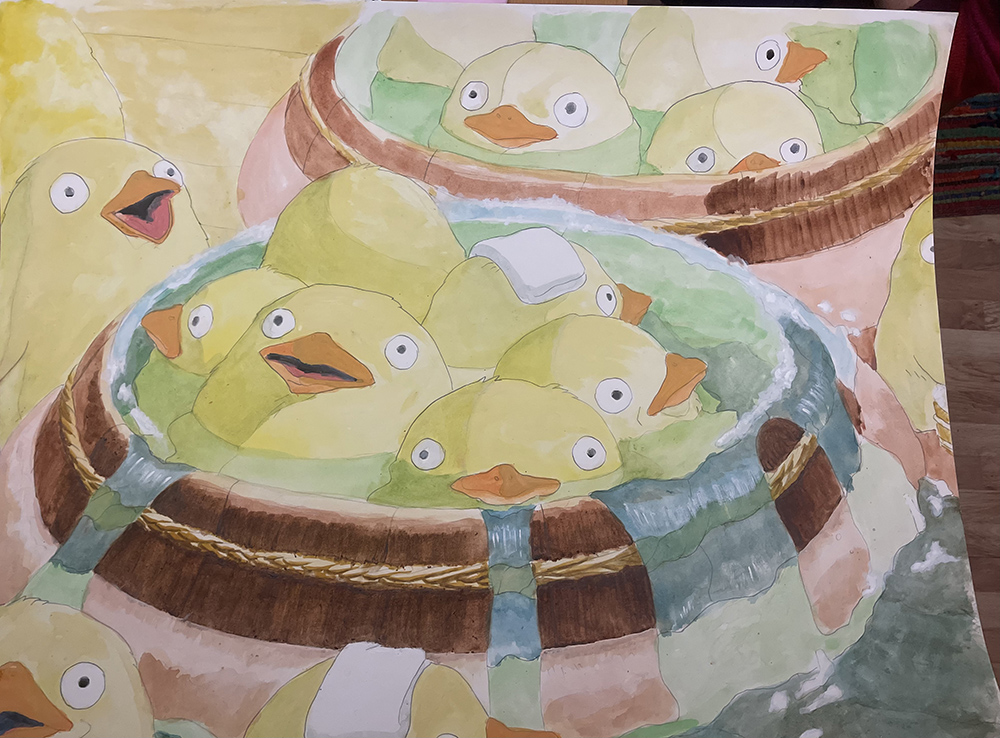 watercolor painting of ducklings